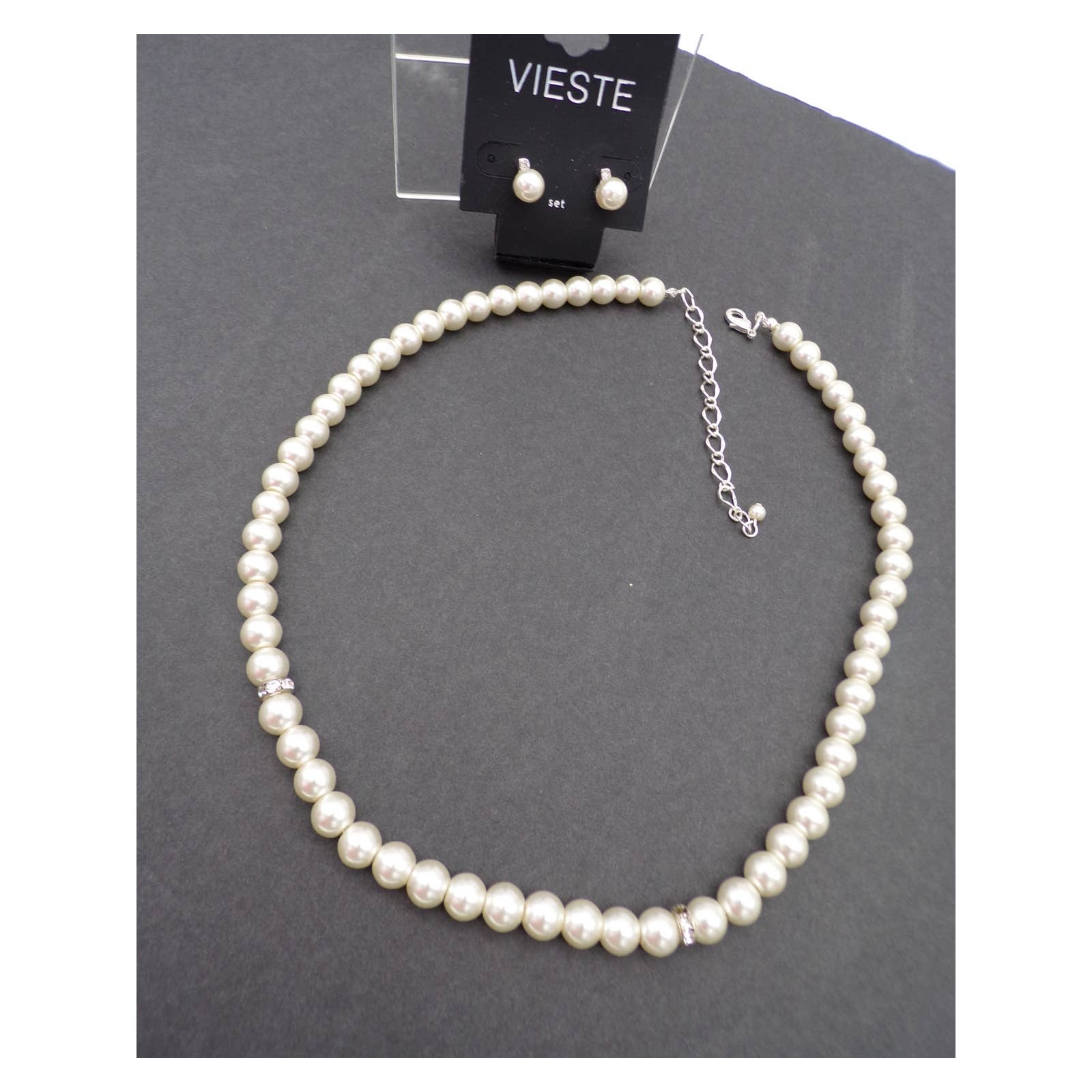 Nwt Vieste Faux Pearl & Crystal Necklace & Pierced Earrings Set Silver Tone Set